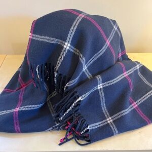 J. Crew Navy Plaid Blanket Scarf with Pink and White Accents
